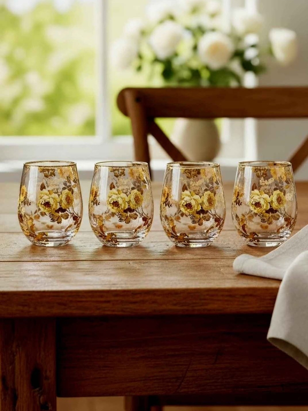NEW McKenzie Childs Wild Rose Stemless Wine Glasses Floral Design Gold LustreRim